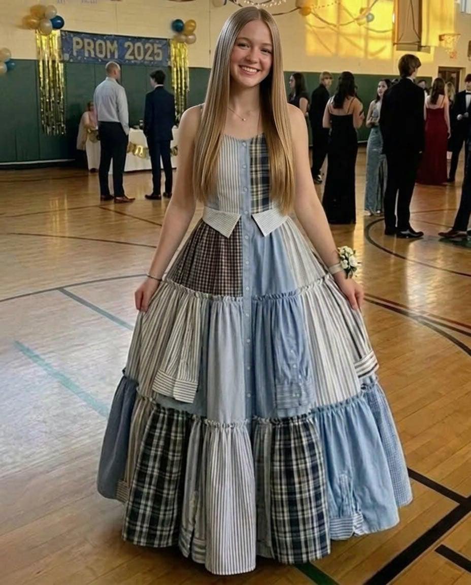 Moral I Sewed a Dress From My Father’s Shirts for Prom in His Honor – My Classmates Laughed Until the Principal Took the Mic and the Room Fell Silent