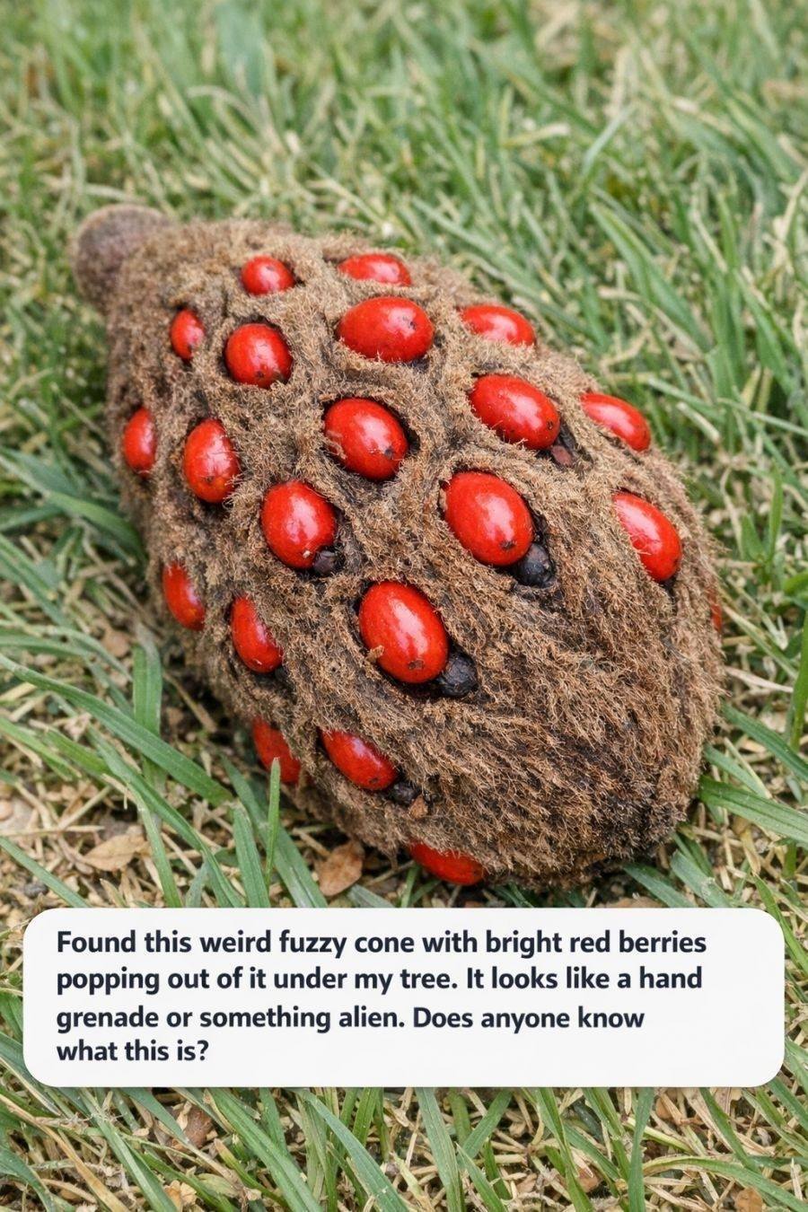 Found this weird fuzzy cone with bright red berries popping out of it under my tree.