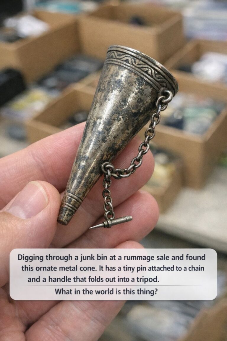 Digging through a junk bin at a rummage sale and found this ornate metal cone. It has a tiny pin attached to a chain and a handle that folds out into a tripod. What in the world is this thing?